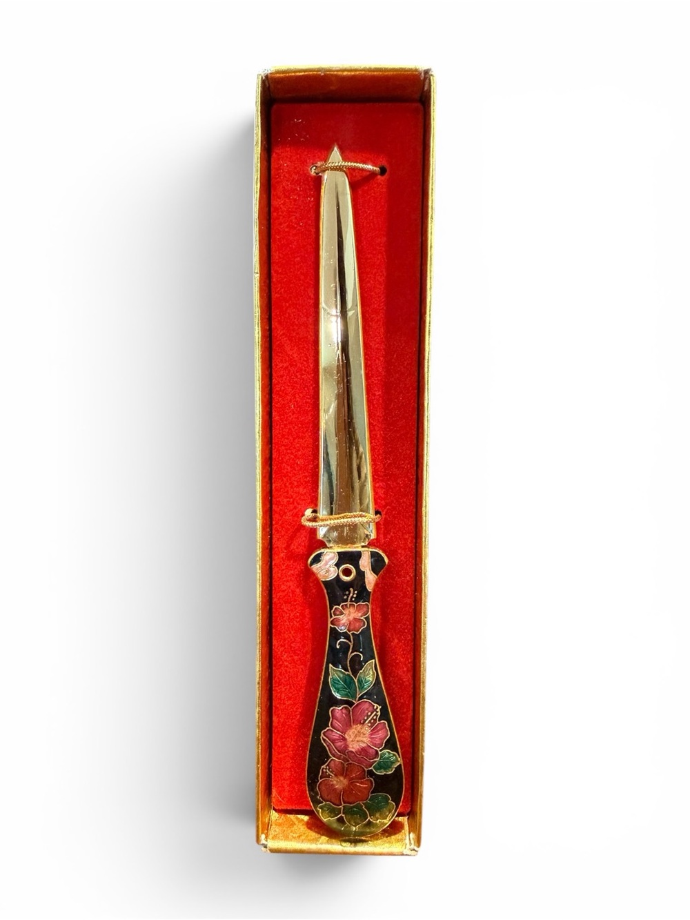 Vintage Cloisonné Letter Opener Hibiscus Floral Enamel Desk Accessory w/Box - Picture 2 of 5